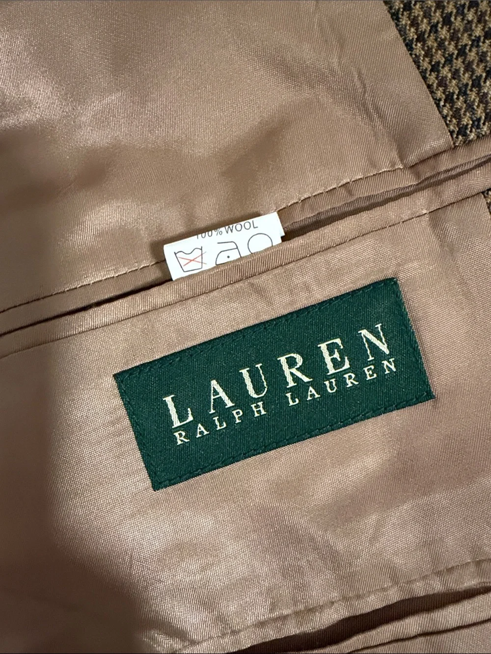 Lauren Ralph Lauren Wool 2 Button Sport Coat 52L Tan Houndstooth Windowpane